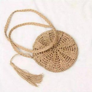 Atelier Sona Tan Round Rattan Straw Crossbody Bag